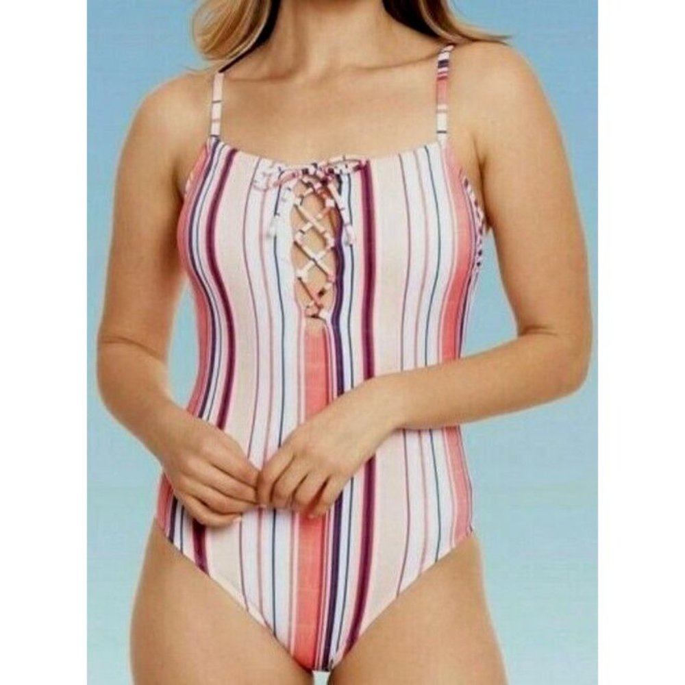 Beach Betty Womens Swim Bathing Suit S 4 6 White Orange Stripe One Piece NWT